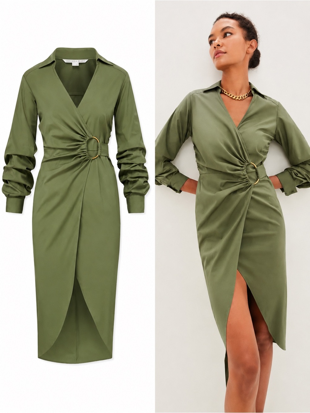 Veronica Beard Afton Wrap Dress Olive Green Ring Detail Midi Dress Size 10 - Picture 1 of 11